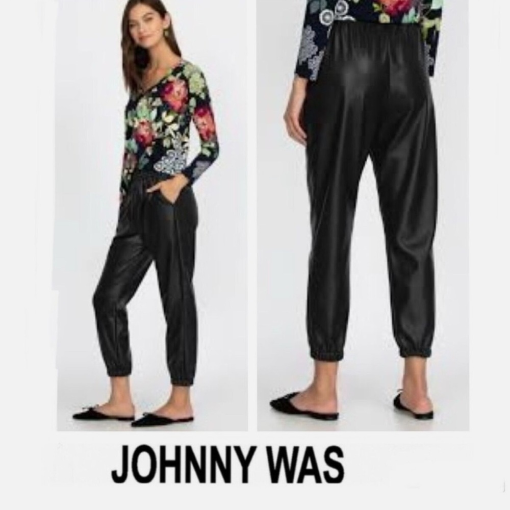 JOHNNY WAS Black Vegan Leather Jogger Buttery Soft Elastic‎ Silk Lined Pants XL